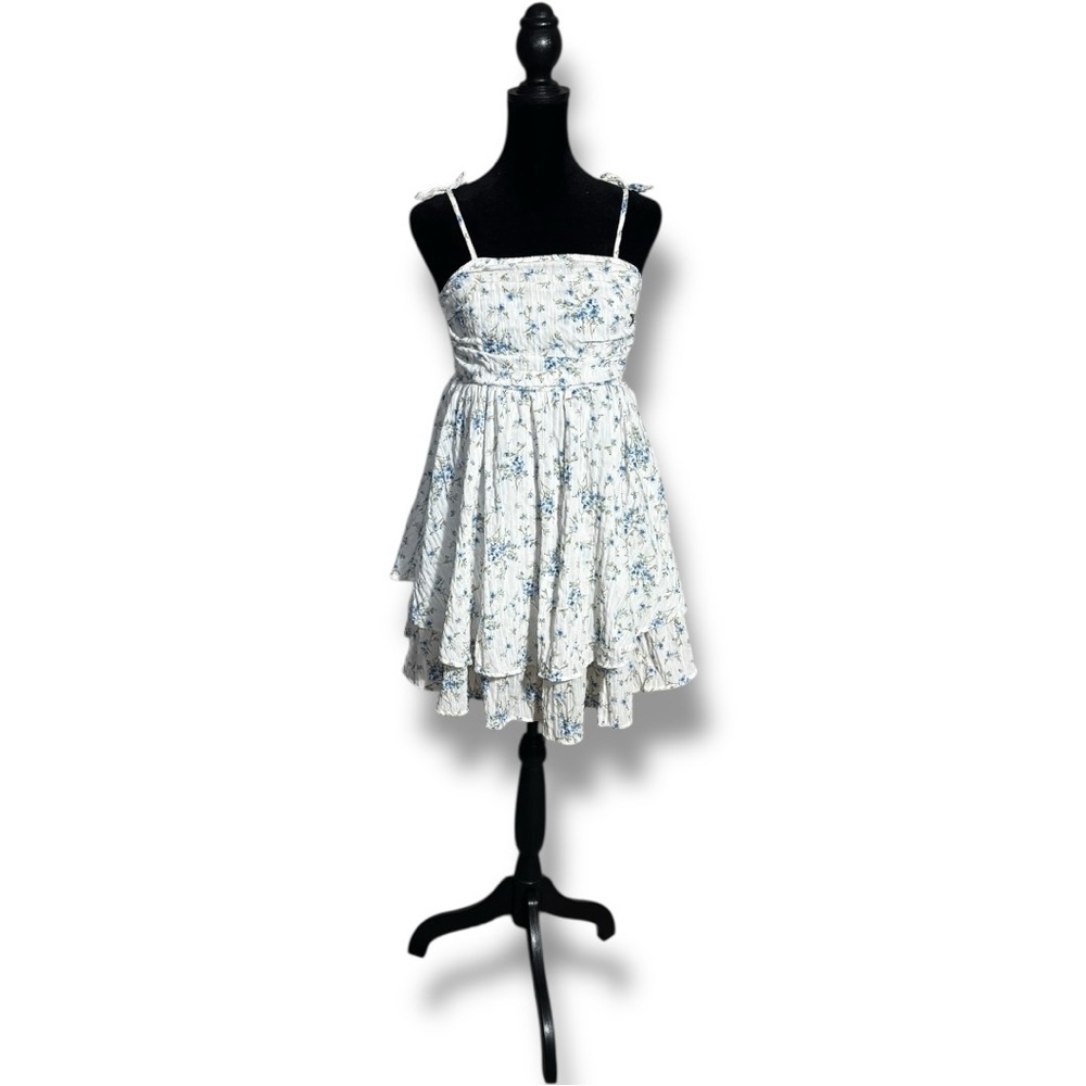 Unbranded White and Blue Floral Layered Tie Straps Empire Waist Babydoll Dress - Picture 2 of 16